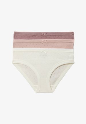 Culottes en coton pour femmes en blanc, rose clair et mauve, chacune ornée d'un petit nœud assorti à la taille et d'un motif discret en œillets.