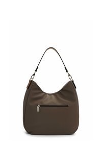 Hobo bag in dark brown nylon with a curved top, single handle, and a front zippered pocket. Smooth texture and minimal hardware details.