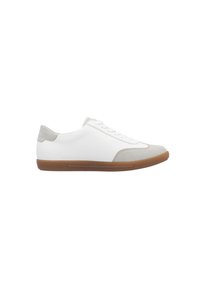 Baskets en cuir blanc avec accents gris, bout rond, design à lacets et semelle en caoutchouc texturé. Style minimaliste avec finition lisse.