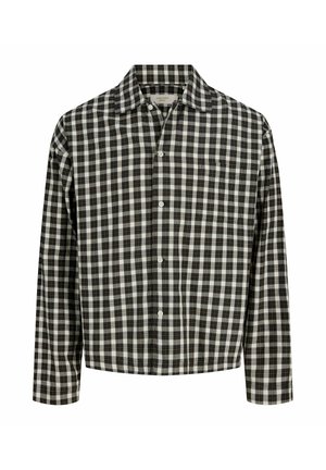 Sorte og hvide ternet skjorte med lange ærmer, spidse krave, knaplukning foran og lige kant. Klassisk bomuldsstof.