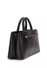 Borsa a mano nera in materiale sintetico con forma strutturata, doppi manici e tasca frontale con zip. Presenta una superficie liscia e accenti in metallo color oro.