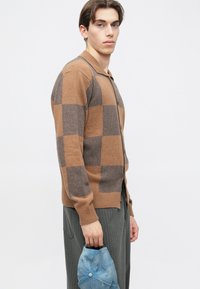 Kardigan smeđe i sive karirane boje s ovratnikom, pletene teksture i kopčanjem na gumbe. Model drži svijetloplavu kapu.