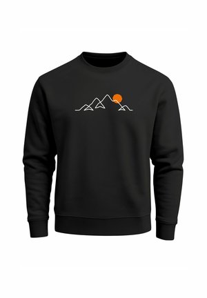 Black sweatshirt with crew neck, featuring a minimalistic white mountain design and a small orange sun. Soft fabric texture.