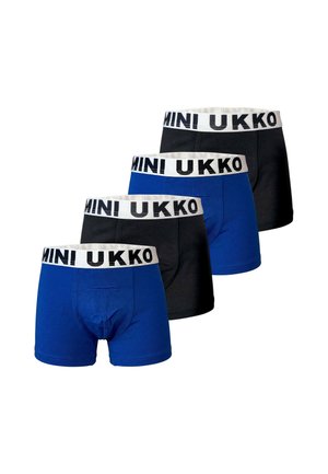 Vier paar jongensboxers in afwisselend blauw en zwart, elk met een witte tailleband met de tekst "MINI UKKO" in zwarte letters.