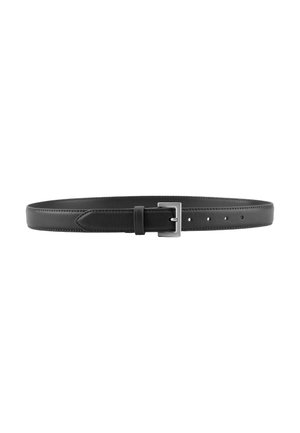 Black leather belt with silver rectangular buckle and five adjustment holes, laid flat on a white background.
