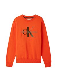 Pomarańczowa bluza z długimi rękawami, prążkowanym kołnierzem i mankietami, z czarnym logo "CK Calvin Klein Jeans" na przodzie.