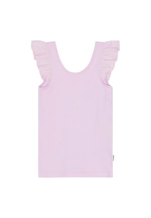 Hellrosa Tanktop mit gerafften Schulterakzenten. Aus weichem Stoff gefertigt, mit Rundhalsausschnitt und geradem Saum. Keine vorderen Designelemente.