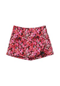 Pantaloni a pantalone corto con stampa floreale in rosa, rosso e nero, con una parte anteriore a incrocio e lunghezza corta.