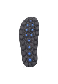 Suola della scarpa in materiale gomma nera, con motivi circolari di diverse dimensioni e accenti blu per trazione e supporto.