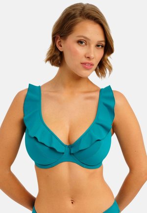 Turquoise bikinibovenstuk met gerimpelde schouderaccenten, diepe V-hals, gladde textuur en gevormde cups voor ondersteuning.