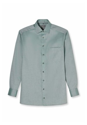 Hellgrünes, langärmliges Hemd mit Knöpfen, einer linken Brusttasche und einem Standardkragen, flach auf einem weißen Hintergrund präsentiert.