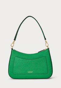 Žalias sintetinės odos rankinukas su tekstūruotu paviršiumi, išlenkta forma, auksinėmis detalėmis ir kontrastinga juoda apdaila.