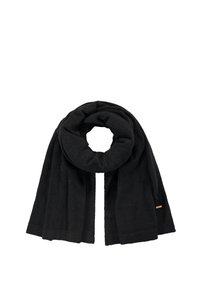 Écharpe noire en tissu doux, avec une finition texturée, un design roulé et une petite étiquette marron à l'extrémité.