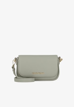 Sac bandoulière Valentino en cuir gris clair avec garniture dorée et bandoulière amovible, fermeture à rabat rectangulaire.