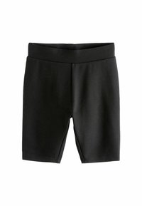 Czarne szorty stretchowe o gładkiej teksturze, z szerokim pasem i bez zewnętrznych kieszeni, zaprojektowane dla komfortu i elastyczności.
