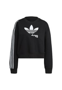 Felpa nera corta con logo Adidas bianco e tre righe bianche sulla manica sinistra. Tessuto liscio con polsini a coste.