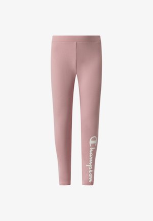 Roze leggings tot aan de enkels met elastische tailleband en wit Champion-logo verticaal gedrukt op het linkerbeen.