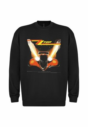 Sort sweatshirt med en vintage rød bil med tændte forlygter, gul "ZZ Top" tekst ovenfor, og "Eliminator" nedenfor bilgrafikken.