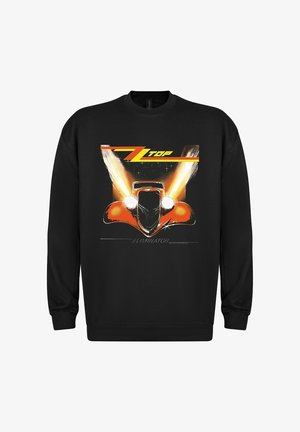 Sudadera negra con un coche rojo vintage con las luces encendidas, texto amarillo "ZZ Top" en la parte superior y "Eliminator" debajo del gráfico del coche.