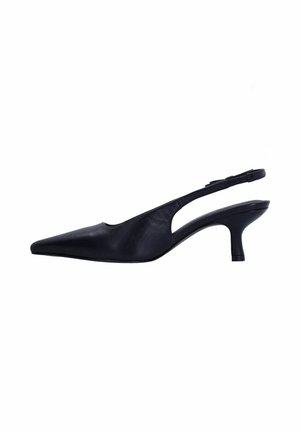 Black leather slingback pump with pointed toe, medium heel, open sides, and adjustable strap. Smooth texture with minimal design details.