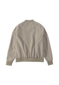 Beige Bomberjacke mit einer glatten Textur. Verfügt über einen runden Halsausschnitt, elastische Bündchen und einen gerafften elastischen Saum. Keine sichtbaren Beschläge.