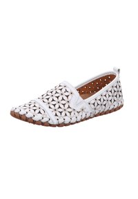 Weiße Slipper mit gewebtem Design, ausgestattet mit einem perforierten Obermaterial, einer braunen Gummisohle und einer runden Zehenform.