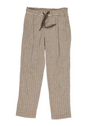 Pantalon ample marron clair avec une taille à cordon, des poches latérales et des rayures verticales discrètes.
