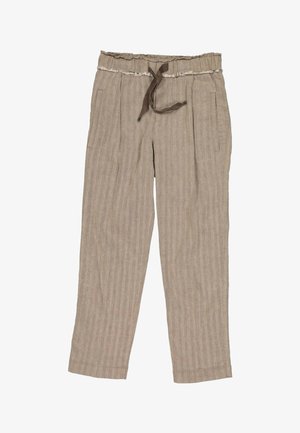 Pantalon ample marron clair avec une taille à cordon, des poches latérales et des rayures verticales discrètes.