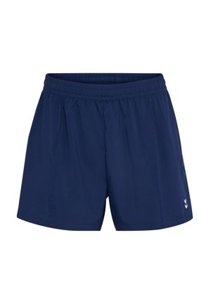 Mørkebløde atletikshorts med elastisk taljebånd og lille hvidt logo på det nederste højre ben, designet til sport eller afslappet brug.