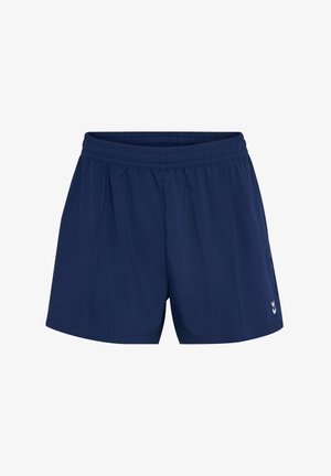Mørkebløde atletikshorts med elastisk taljebånd og lille hvidt logo på det nederste højre ben, designet til sport eller afslappet brug.
