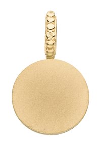 Goldener runder Anhänger mit matter Oberfläche, der an der Oberseite eine polierte, strukturierte Öse hat, die zum Anhängen an einer Kette oder Halskette konzipiert ist.