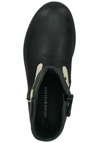 Bottillon noir avec une finition en cuir lisse, des panneaux latéraux élastiques et une fermeture éclair sur le côté. La semelle intérieure est texturée pour offrir une bonne adhérence.