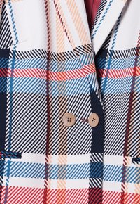 Dubbelwandig jasje met een geruit patroon, bestaande uit witte, marineblauwe, rode, blauwe en beige strepen, en twee houten knopen aan de voorkant.