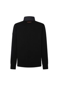 Sweat-shirt noir à manches longues avec col montant, poignets et ourlet côtelés, et logo « Hackett » orange au centre du haut du dos.