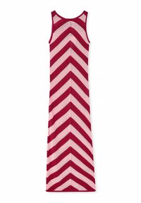 Pikk tankimekko, millel on chevron-muster punases ja helesinises. Kootud tekstuur ja ilma varrukateta disain, ideaalne soe ilm.