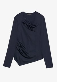 Marineblå langermet topp med cowl-hals, med ruching på siden og en asymmetrisk kant. Laget av myk stretch-stoff.