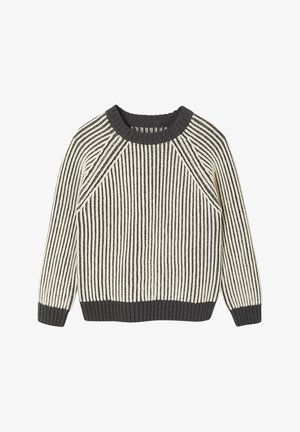 Knitted sweater with grey collar and cuffs, featuring vertical black and cream stripes, round neck, and raglan sleeves.