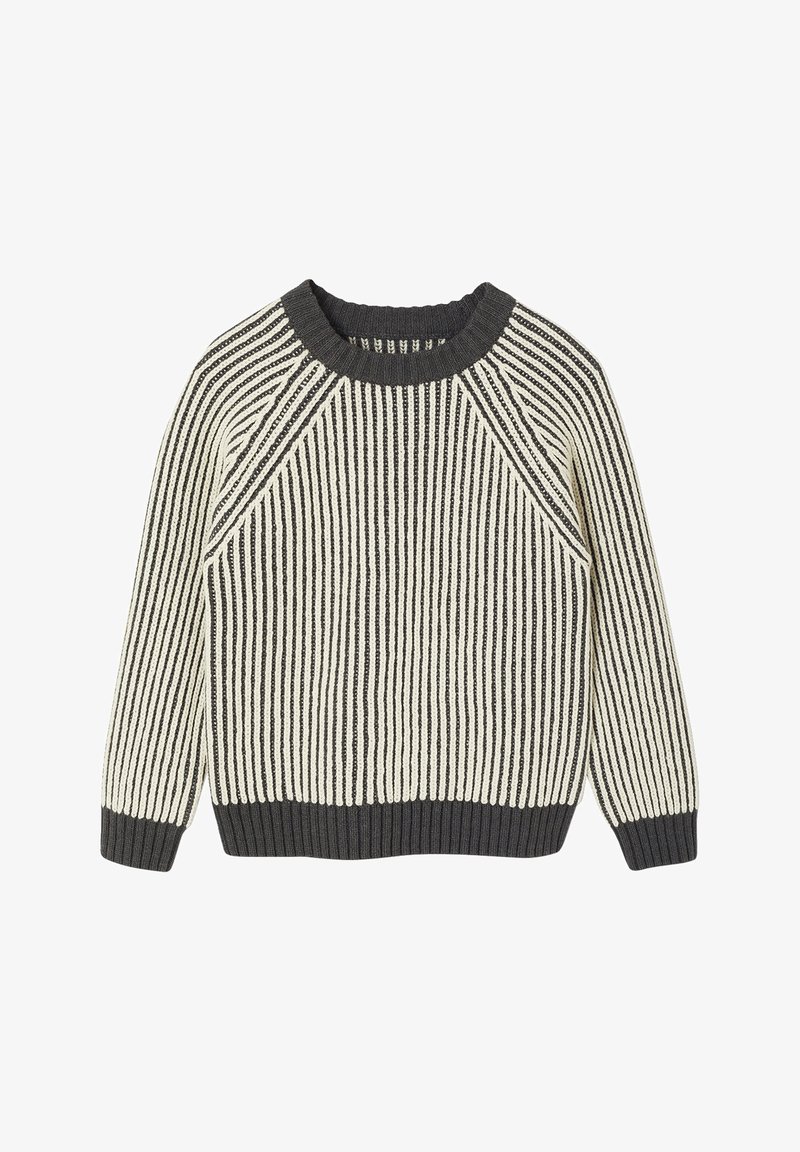 Strickpullover mit grauem Kragen und Bündchen, versehen mit vertikalen schwarzen und cremefarbenen Streifen, Rundhals und Raglanärmeln.