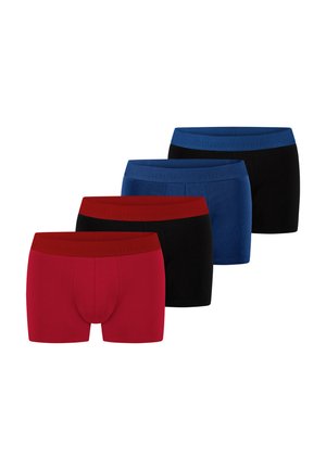 Vier Paar Herren-Boxershorts in Rot mit rotem Bund, Schwarz mit rotem Bund, Blau mit blauem Bund und Schwarz mit blauem Bund.