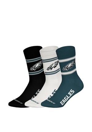 Tres pares de calcetines deportivos: negro, blanco y verde azulado. Cada uno presenta un logotipo del equipo y rayas con la palabra "EAGLES" impresa en el pie.