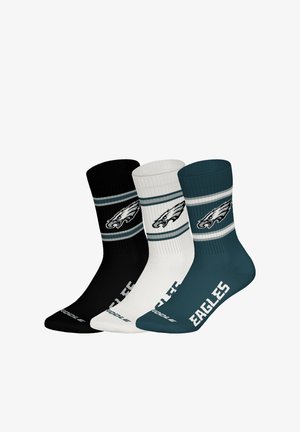 Three pairs of crew socks: black, white, and teal. Each features a team logo and stripes with "EAGLES" printed on the foot.