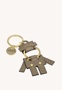 Porte-clés avec un anneau en métal doré et un charme en cuir texturé marron en forme de chemise stylisée, comportant deux clous dorés et une étiquette LOXWOOD Paris.