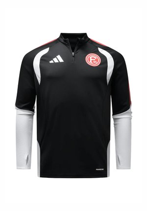 Maglia sportiva nera con maniche lunghe bianche, cerniera fino a un quarto, dettagli rossi, logo Adidas sul petto destro e emblema circolare rosso F95 sul petto sinistro.