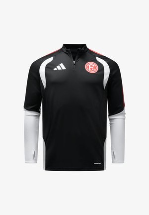Maglia sportiva nera con maniche lunghe bianche, cerniera fino a un quarto, dettagli rossi, logo Adidas sul petto destro e emblema circolare rosso F95 sul petto sinistro.