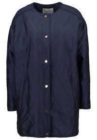 Námořnická modrá prošívaná dlouhá bunda s patentkami na přední straně a bočními kapsami, bez límce a s dlouhými rukávy.