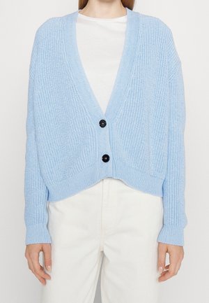 Lichtblauwe gebreide cardigan met twee zwarte knopen, gedragen over een witte top en witte broek, met lange mouwen en een geribbelde structuur.