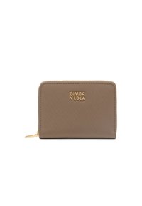 Cartera tipo zip de material suave, con logo y detalles de costura en tono dorado, de forma rectangular y cierre de cremallera.