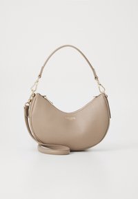 Beige crescent-shaped leather handbag with top zipper, detachable shoulder strap, and gold "Lacoste Paris" logo on front.