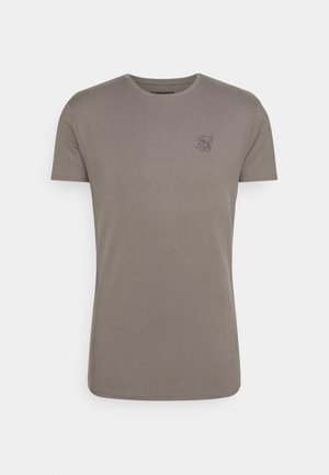 Grau geripptes T-Shirt aus Baumwolle, mit rundem Ausschnitt, kurzen Ärmeln und einem kleinen gestickten Logo auf der Brust.