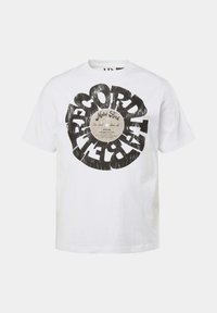Vit bomulls t-shirt med ett svart grafiskt tryck av en vinylskiva med orden "Metal Rock" och "HITSONG" i fet, sliten typografi.